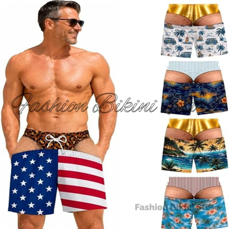 Men Funny Fake Two Piece Boardshorts Print Novelty Swimwear Optical Illusion Thong Novelty Hilarious Swim Shorts Men Party Gift