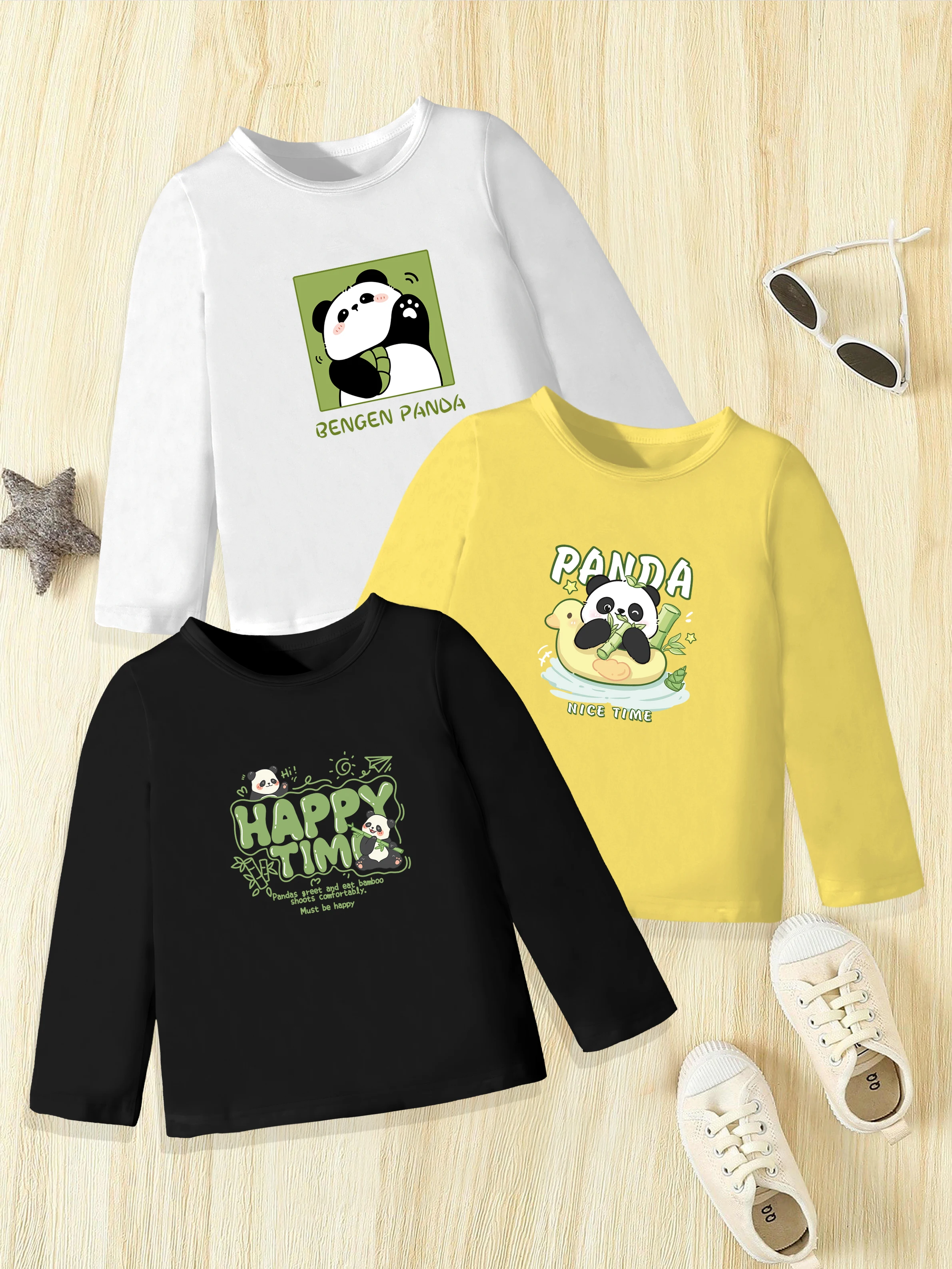 

3 шт.: Осенний базовый слой для мальчиков с рисунком панды и буквенным узором