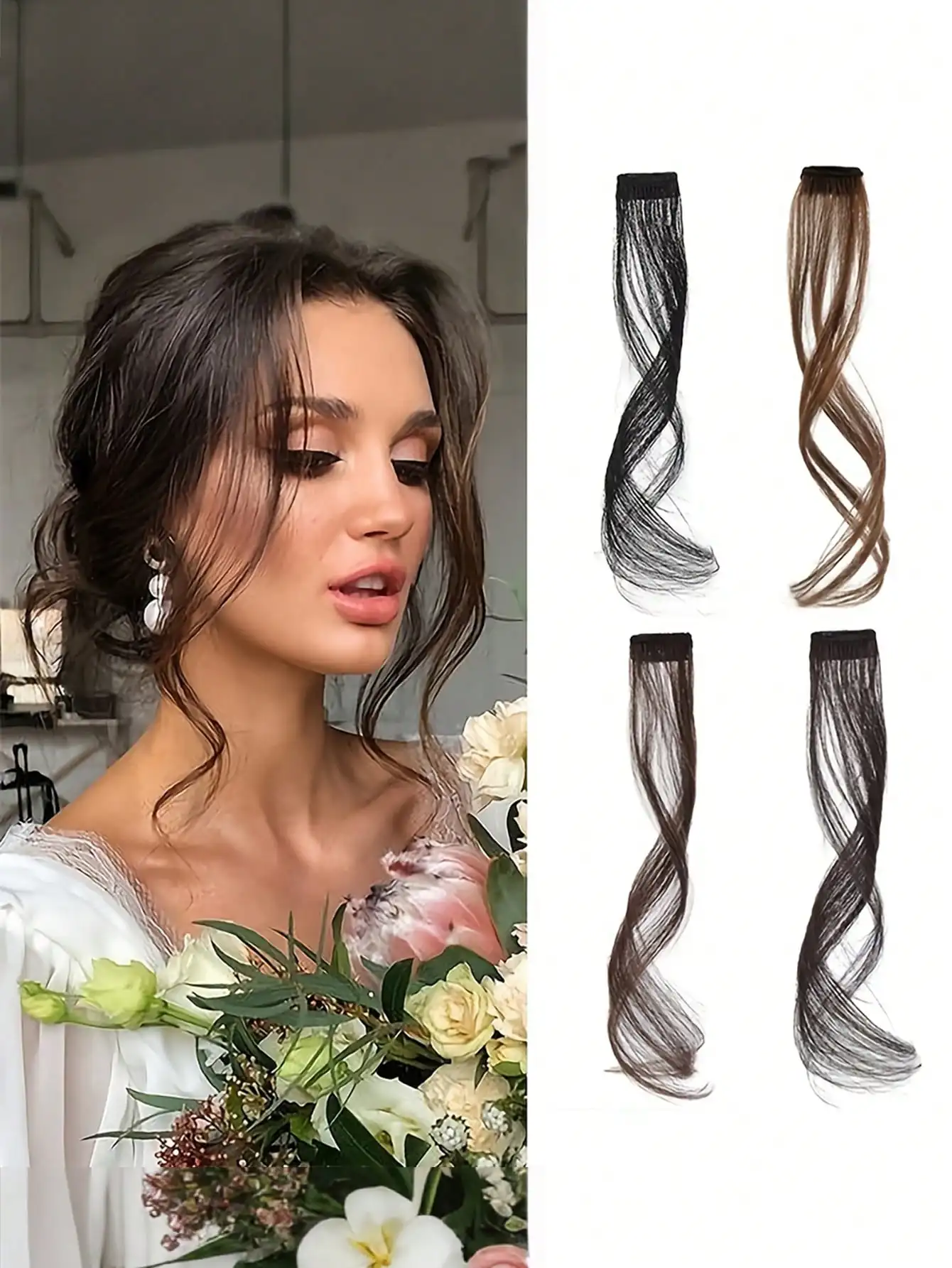 

2pcs Clip-In Side Bangs with Temples, Long Wavy Synthetic Hair Extensions for Women