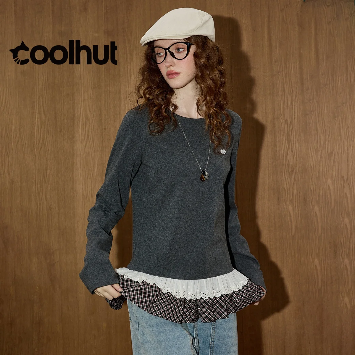 

COOLHUT, новый дизайн, женская осенняя блузка из двух предметов с кружевной отделкой, облегающая многослойная блузка с длинными рукавами, молодежная осенняя базовая футболка