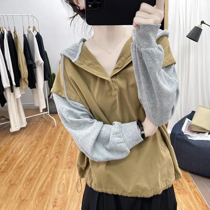 2023 Spring and Autumn Fashion Korean Style Age Reducing Color Matching Loose Fitting Casual Oversized Women's Hooded Sweater