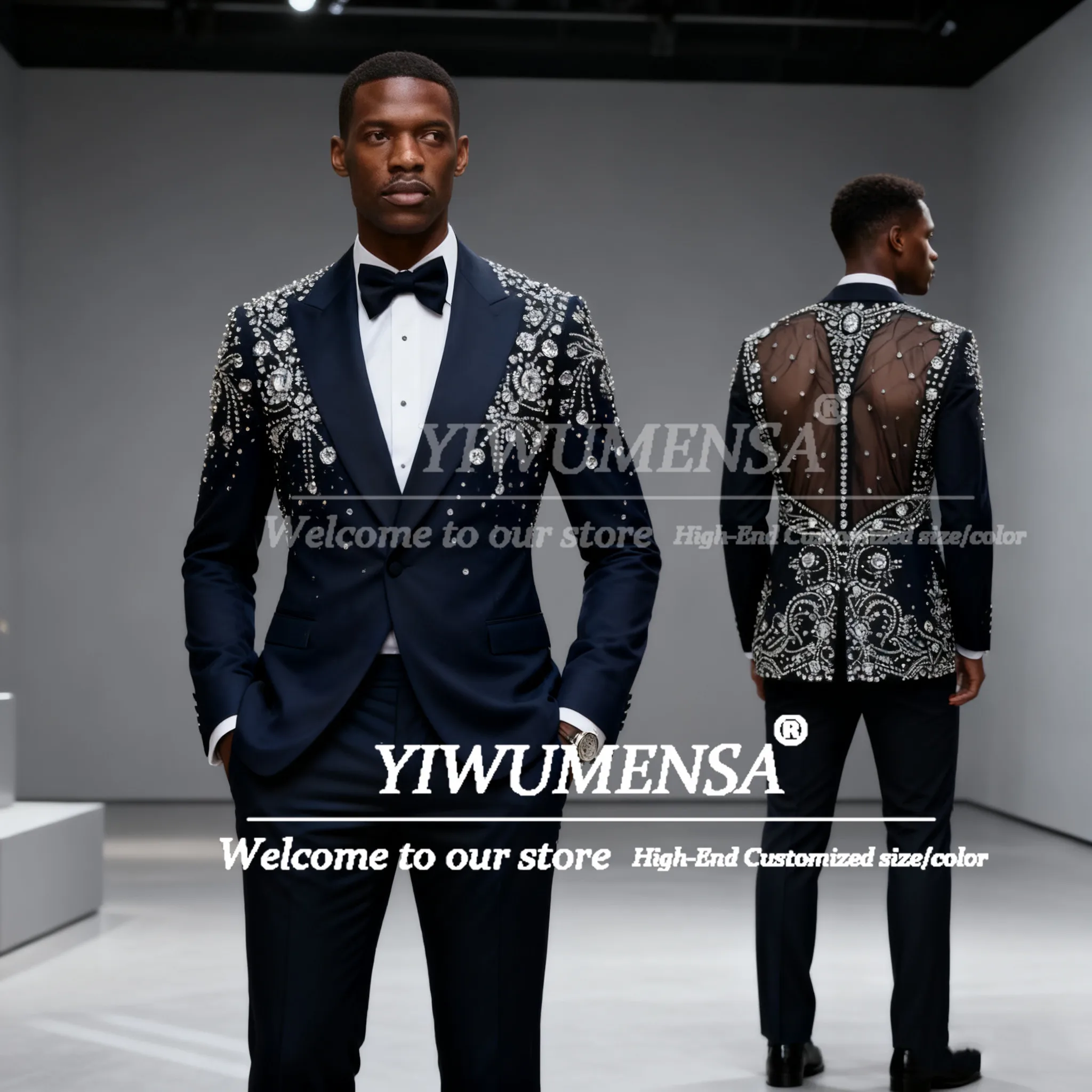 

Brilliant Beaded Stones Groom Wedding Tuxedos 2 Piece Sets Cut-Out Jacket Pants Customized Suit Attire For Men Business Outfits