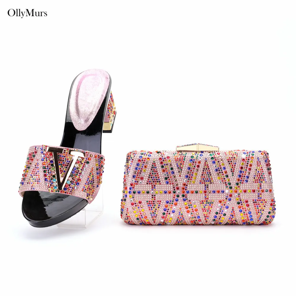 

New Coming Woman Shoes And Matching Bags Set For Evening Summer PU With Crystal Decoration Pumps Shoes And Bags To Match Set