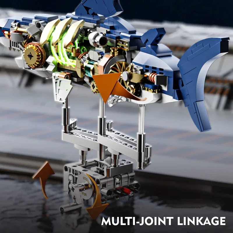 2025 diy conjunto de blocos de construção de tubarão mecânico criativo puzzle modelo kit moc montagem tijolos motor potência brinquedos para meninos meninas