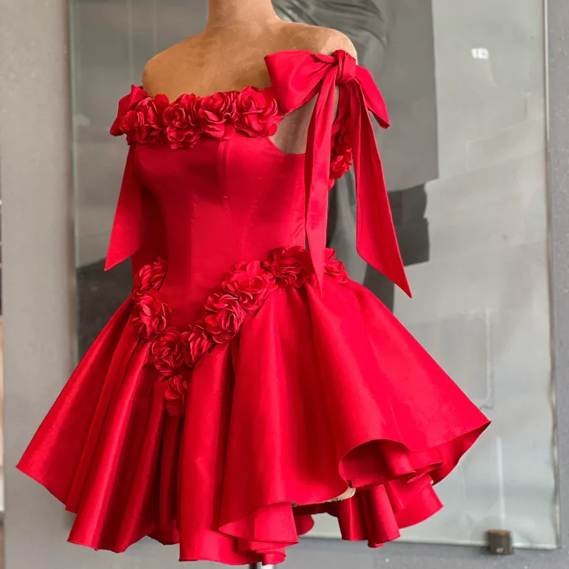 

Red Cocktail Dresses A-line Floral Bow Birthday Party Gowns Short Prom Dresses Homecoming Customized