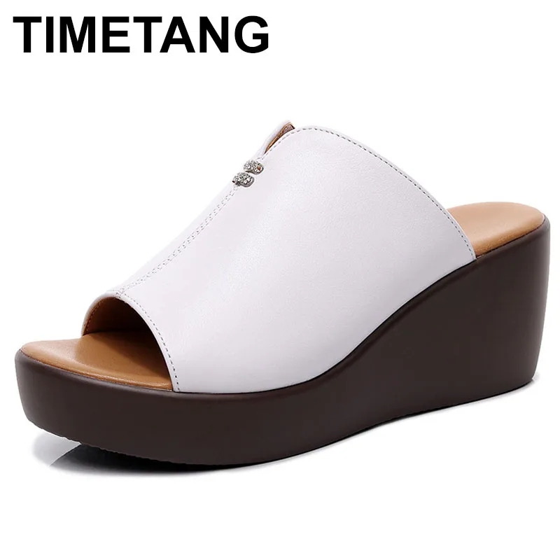 

High quality leather wedge slipper women 6.5 cm high heel summer platform open toe elegant fashion shoe red green