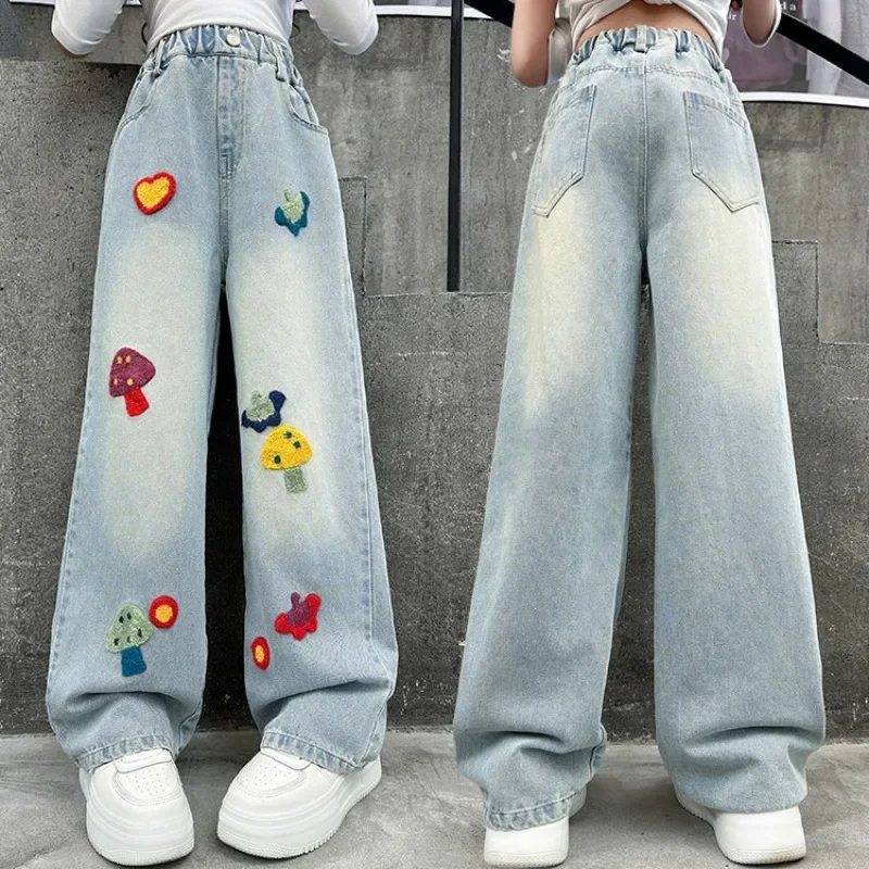 

Girls Loose Wide-leg Jeans Trousers Children Cartoon Mushroom Embroidery Straight Denim Pants Spring Autumn Clothing 5-12 Years