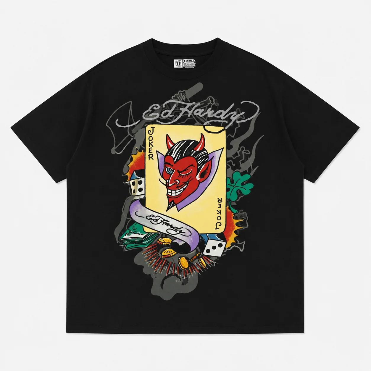 Ed Hardy Devil Joker Card Dice Clover Coins Print T Shirt Unisex Loose Oversized Harajuku Streetwear Cotton Summer Graphic Tee view 2