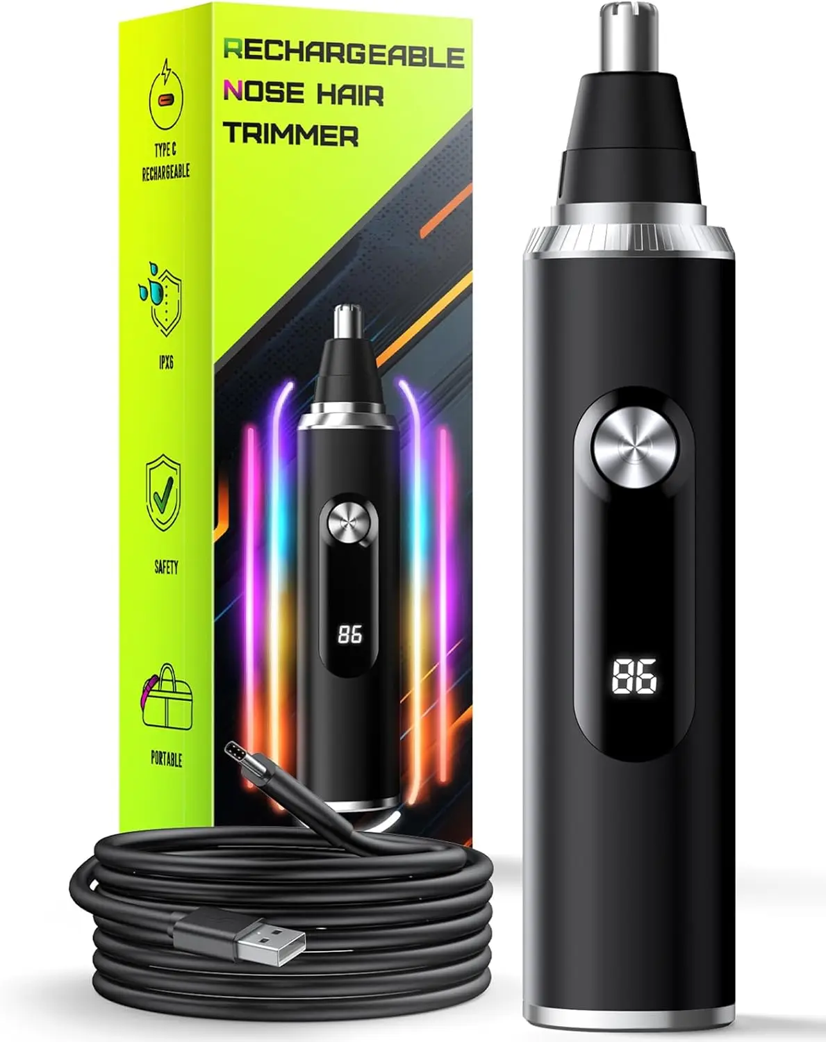 

USB Rechargeable Nose Hair Trimmer for Men and Women, LED Display, Dual-Edge Blades for Smooth Eyebrow Grooming (Black)