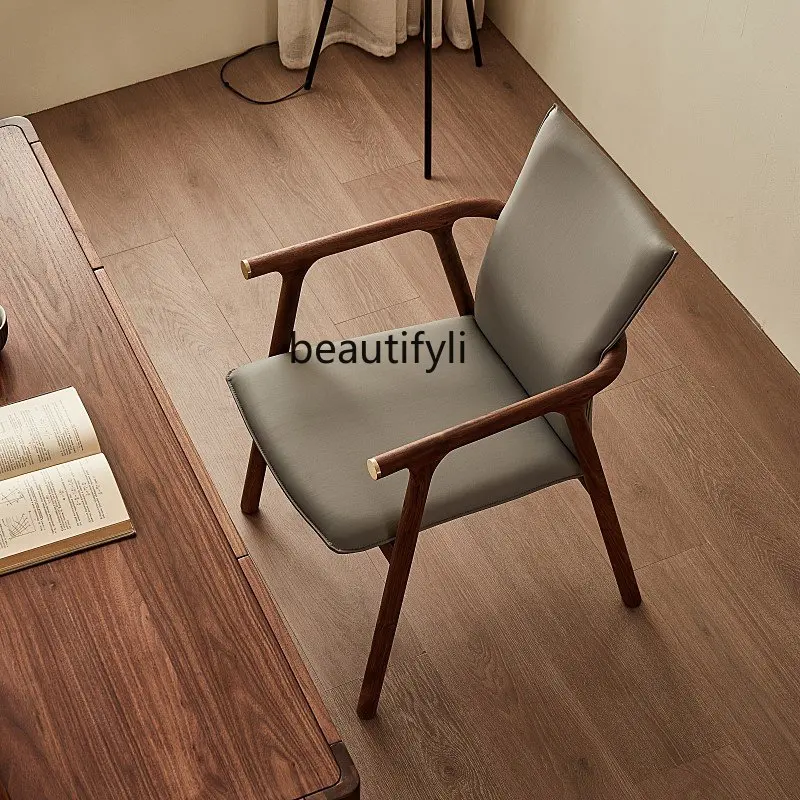 zq Walnut Wooden Dining Chair Home Armrest Backrest Soft Pillow Leisure Chair Light Luxury Minimalist Master Chair Tea Chair