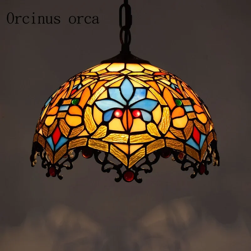 

European style creative coloured glass chandelier restaurant bedroom balcony bar Mediterranean color carving glass pendant lamp