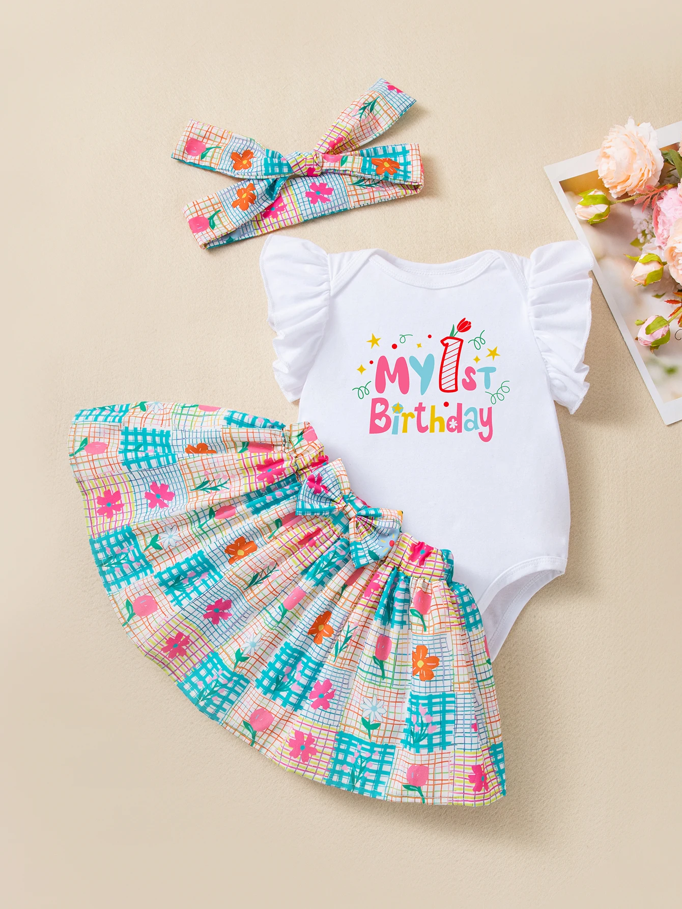 3pcs Baby Girl 1st Birthday Party Costume, Fly Sleeve Romper + Cute Floral Plaid Skirt + Bow Headband