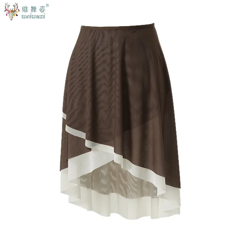 Woman Ballet Skirts Adult High Waist Lace-up Irregular Two Layers Dance Skirts Nylon Mesh Contrast Color Ballerina Training Wear