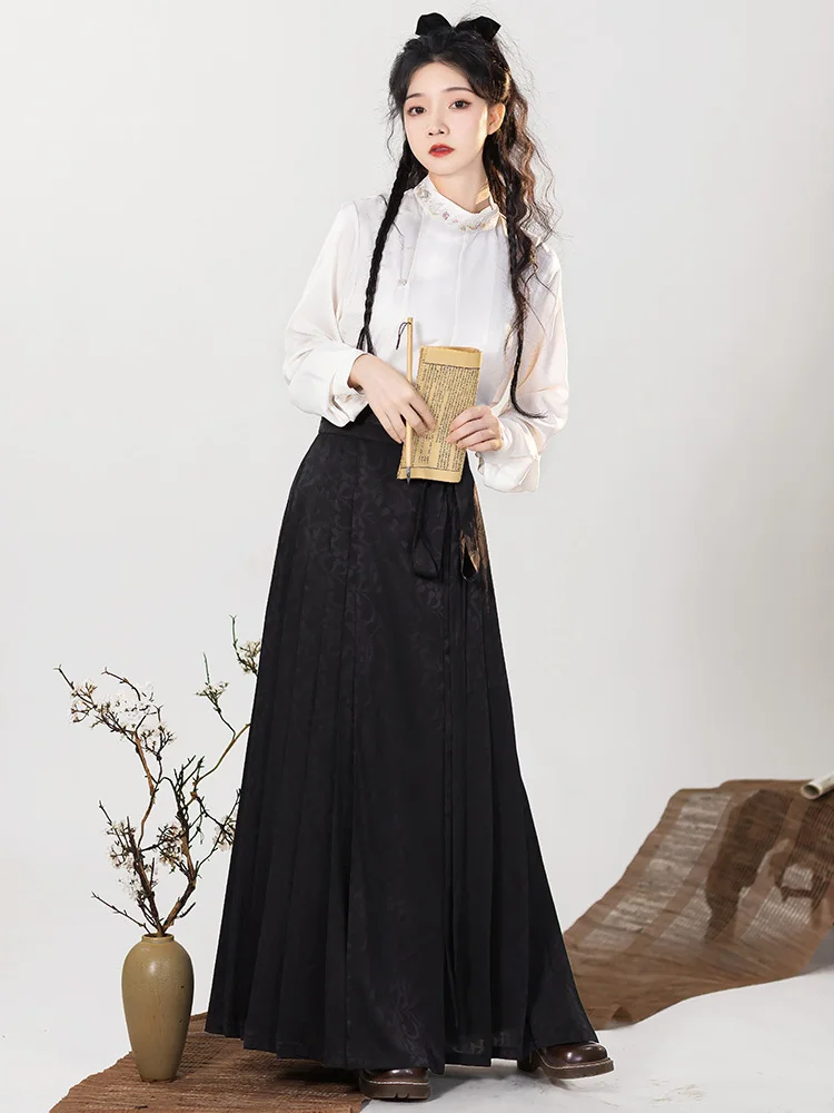 Black Long Skirts Women Spring Summer Chic Retro All-match Basic High Waisted Street Vintage Clothes Chinese Style Faldas Largas
