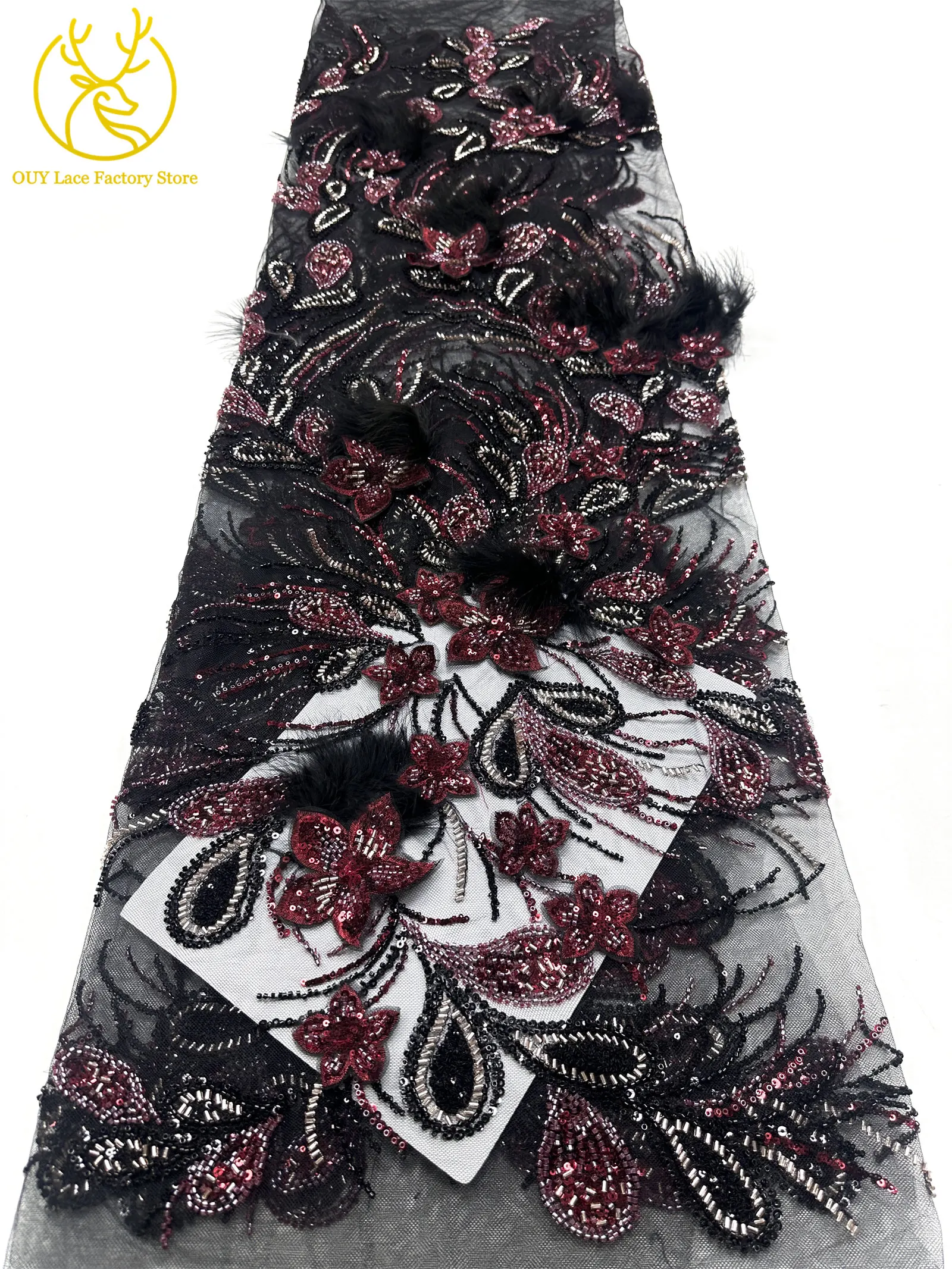 Neues Design Afrikanischer Spitzenstoff mit Pailletten, Perlen, Mesh-Spitze, luxuriöse 3D-Feder-Stickerei, Tüll-Spitzenstoff zum Nähen von Brautkleidern – Detail 16