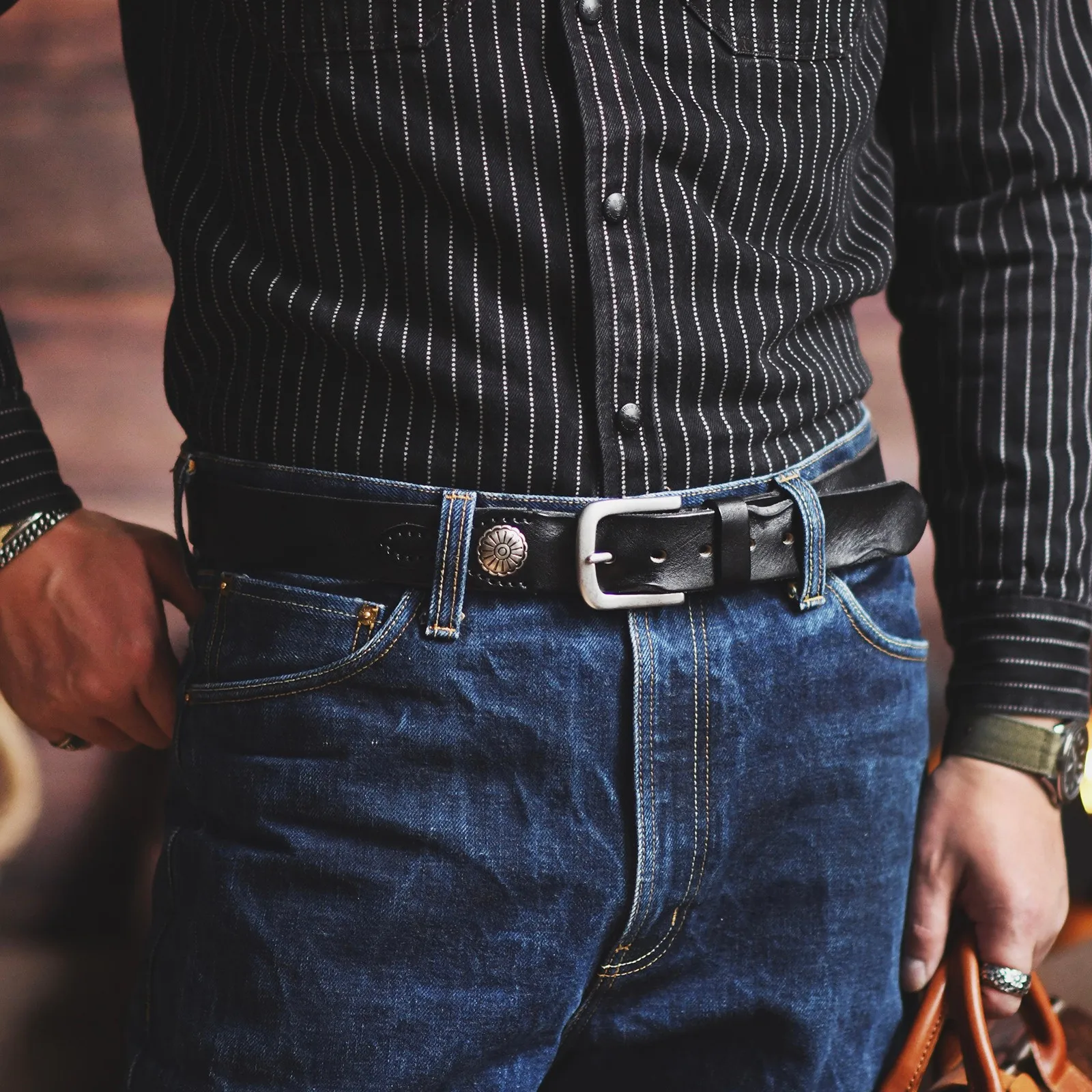 New Product Designer Genuine Leather Men\'s Pleated Belt USA Western Retro Denim Style Leather Personality Cowboy Pin Buckle Belt