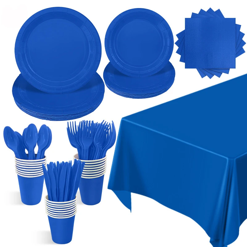 Solid Dark Blue Theme Birthday Super Girls Decorations Party Disposable Tableware Paper Napkins Cups Plates Tablecloths Straw