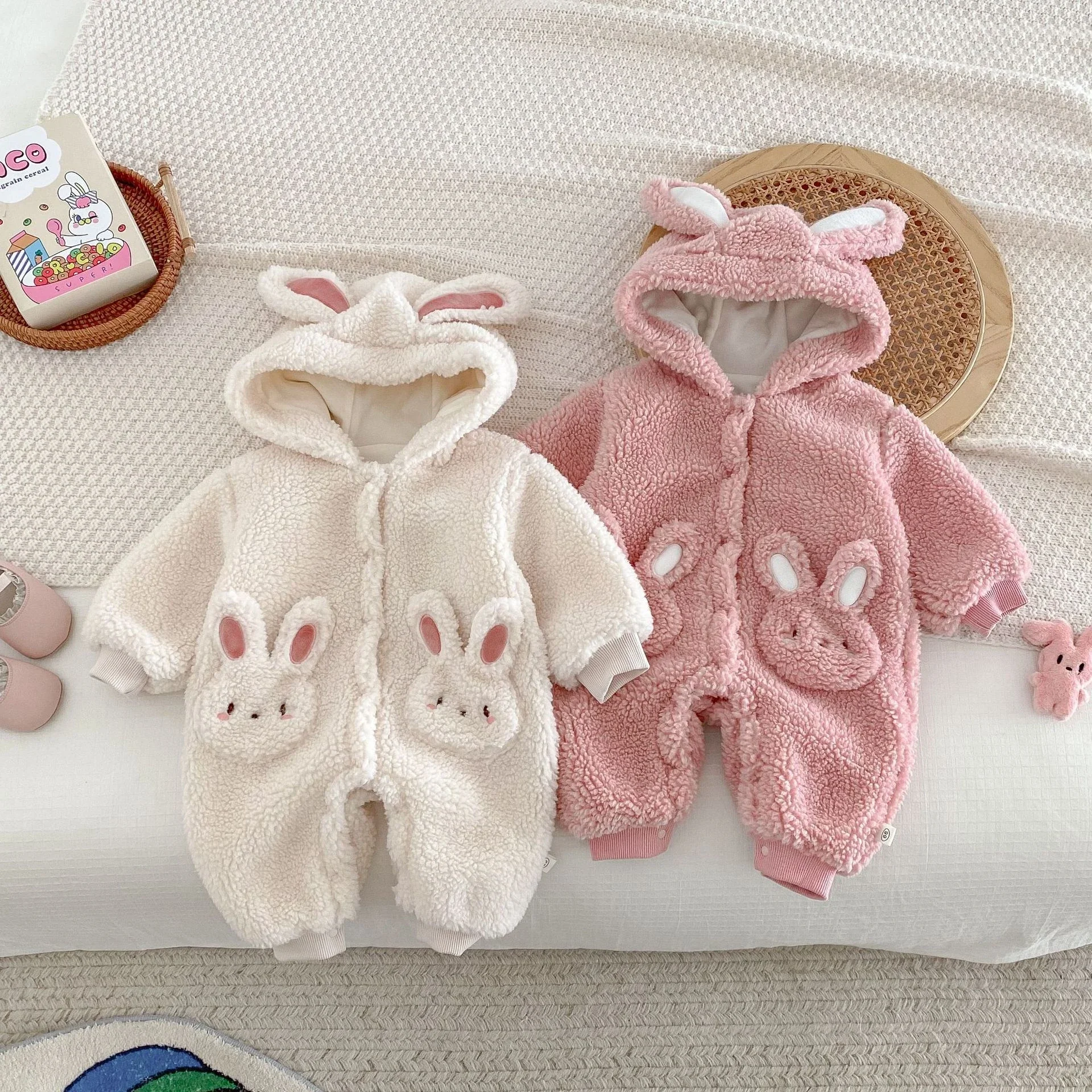 2024 Cute Rabbit Hooded Overalls Baby Girls Rompers Jumpsuits Winter Soft Thicken Warm Onesie Cartoon Bodysuit Kids Clothes