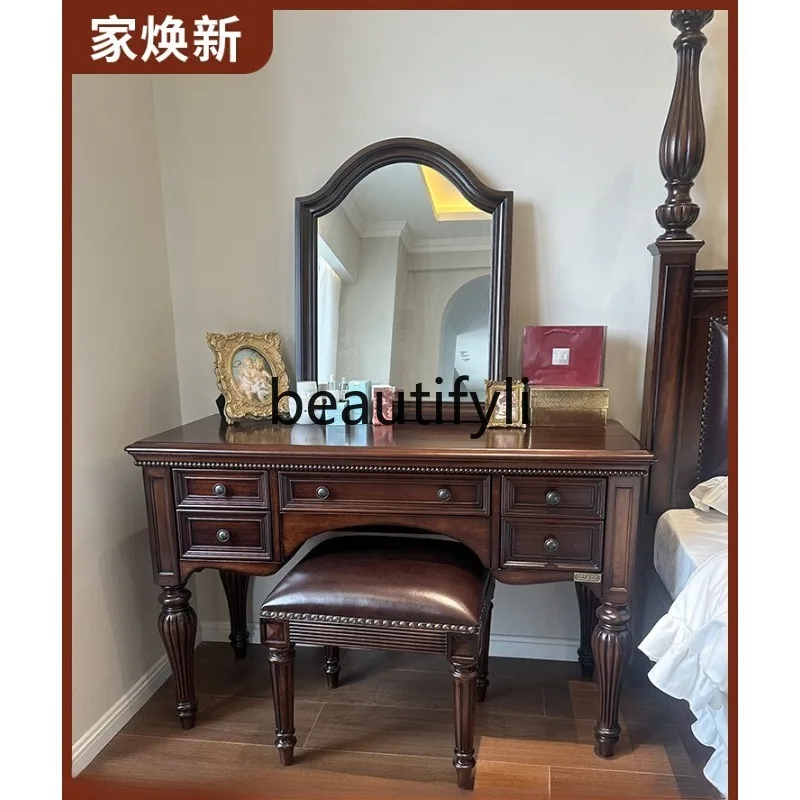 

All Solid Wood Makeup Table Dressing Table Light Luxury High-end Feel Desk with Makeup Mirror Stool