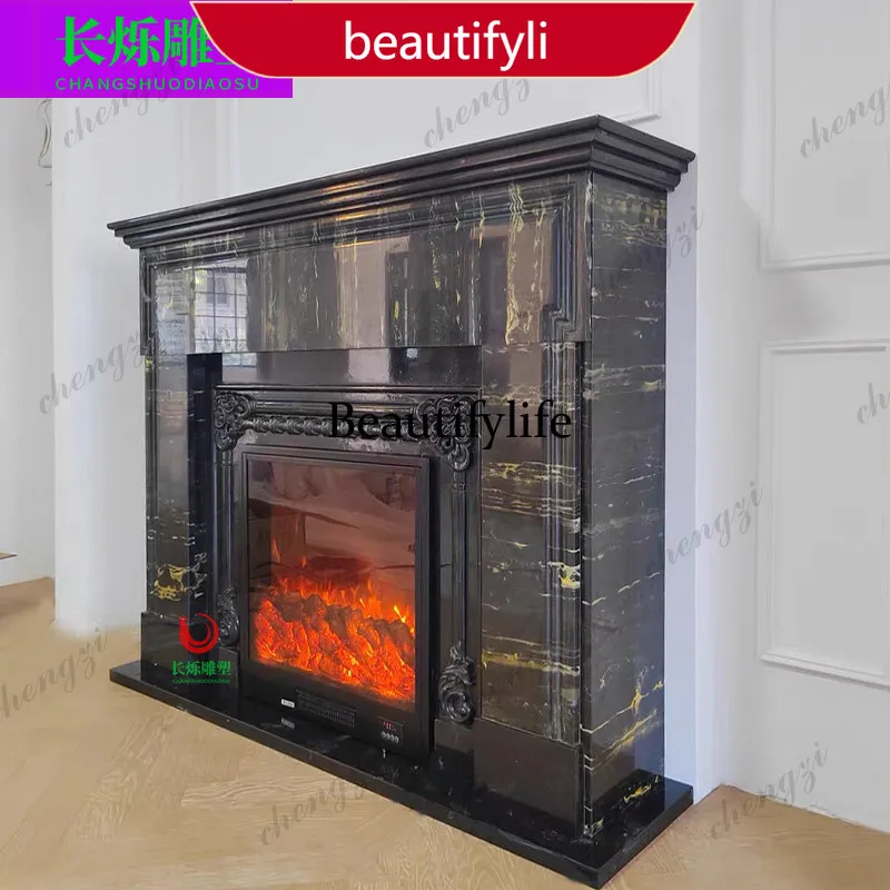 02A Fireplace French Marble Fireplace Black Golden Flower Stone Black Retro Simple American Fireplace