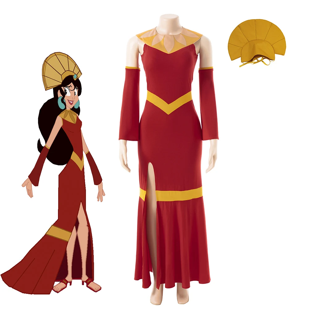 Kuzco cosplay weibliches Kostüm erwachsene Frauen sexy rot geschlitztes Kleid mit Kopf bedeckung Halloween Karneval Uniform Weihnachts feier Ballkleid