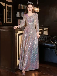 Customized Evening Dresses V-neck Sequins Full Sleeves Straight Floor-length Plus size Zipper Back Formal Dress RU155