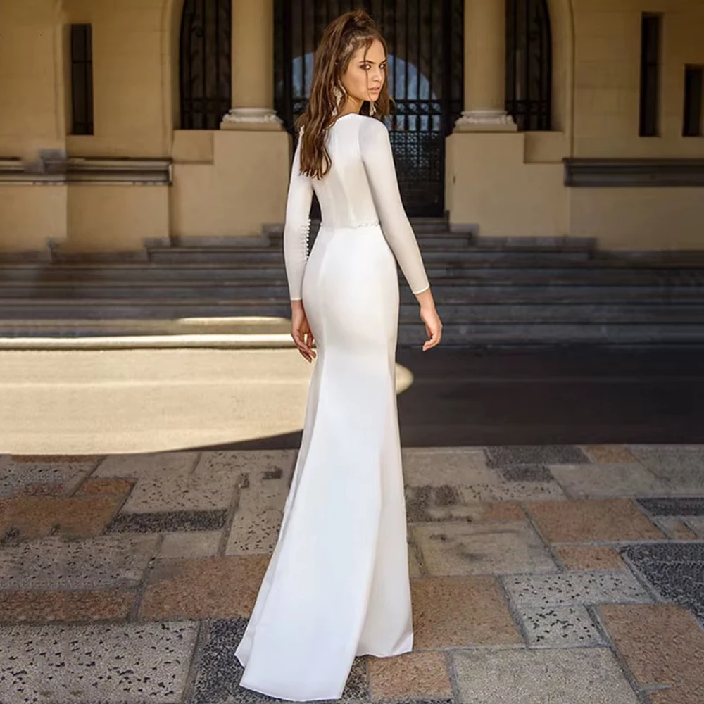 فستان زفاف بسيط مخصص للمرأة العروس ألف خط كلاسيكي ساتان كم طويل رقبة عالية زر كريستال ترتر فستان زفاف