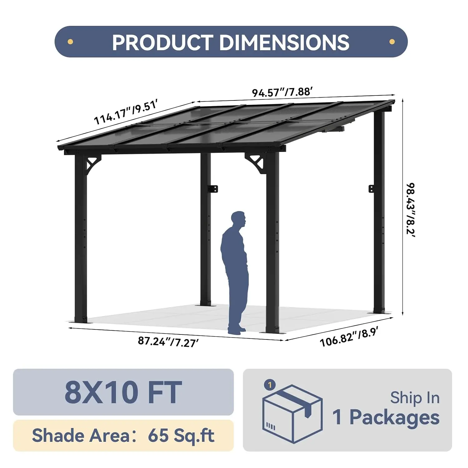 10x8 FT Lean to Pergola, Wall Mounted Hardtop with PC Roof, Heavy Duty Metal Canopy for Backyard Deck Porch, Customized