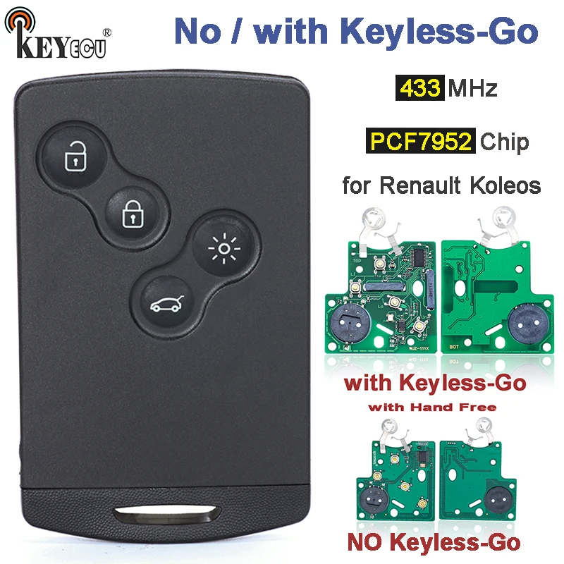 

KEYECU 433MHz ID46 PCF7952A Chip No / With Keyless-Go Hand Free Smart Card Remote Key Fob for Renault Koleos 2009-2016