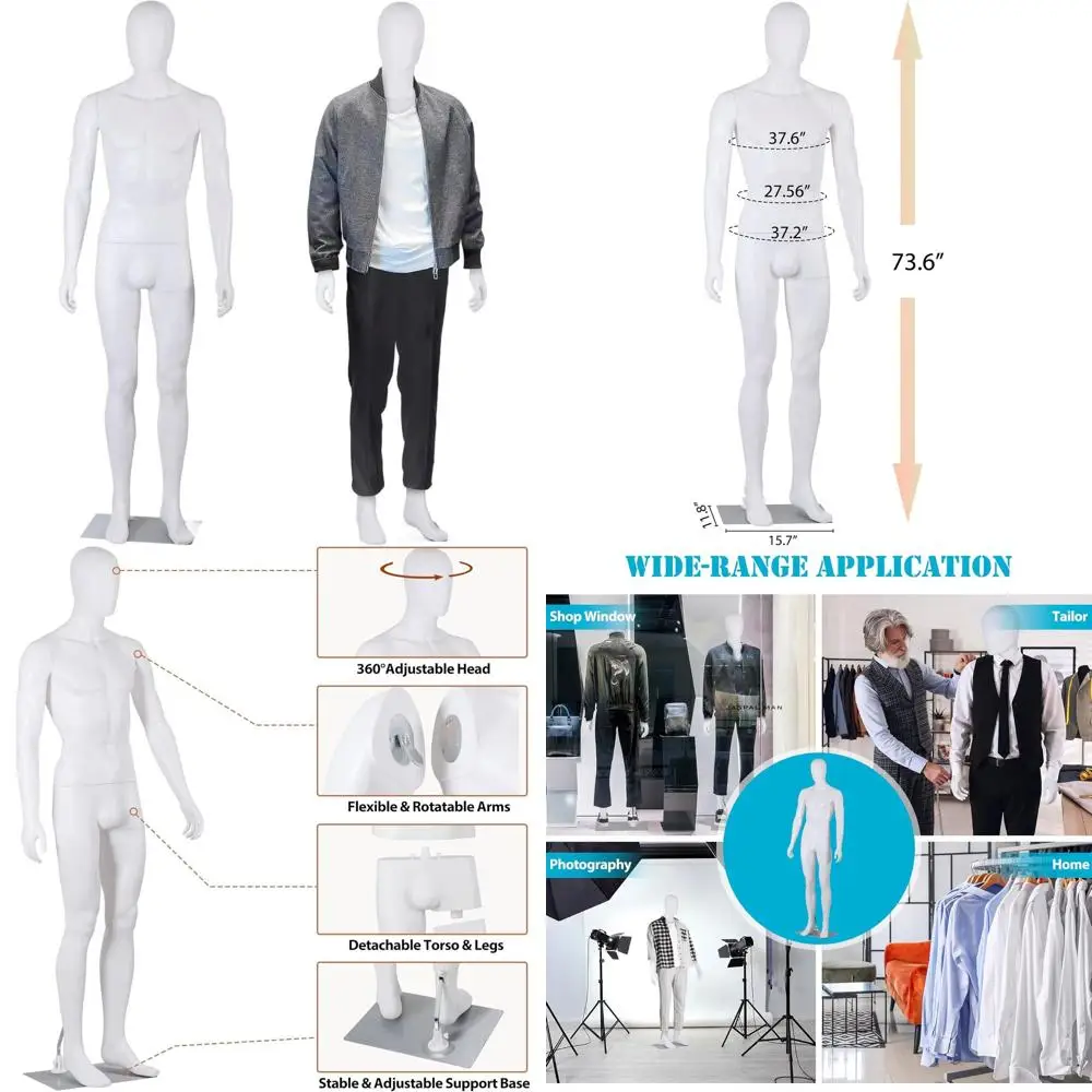 

73 Tall Male Full Body Mannequin with Adjustable Stand, Rotatable and Stable Base, Realistic White Display
