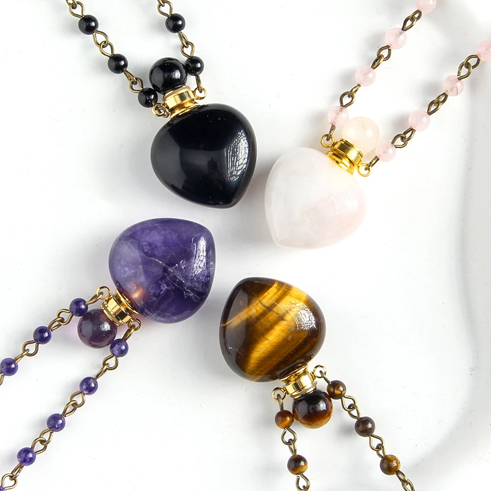 Fashion Simple Ins Style 4MM Amethyst Tiger Eye Natural Stone Chain Necklace Heart Aromatreatment Bottle Pendant Choker necklace