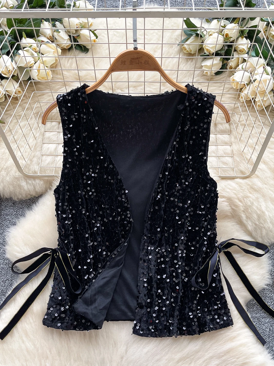 

Summer Women's Svel Vest Heavy Embelliment Belted ort Sle Commute Bright Color Trendy Top Young Lady irt