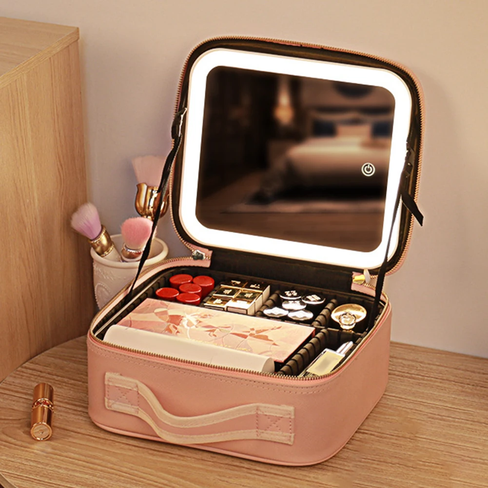 Smart LED Cosmetic Case with Mirror Travel Makeup Bags Large Capacity Fashion Simple PU Leather Casual for Weekend Vacation