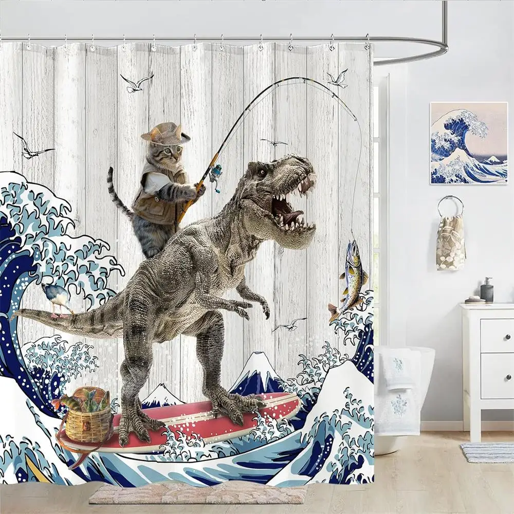 Funny Cat Shower Curtains Fun Animal Riding Dinosaur Nautical Blue Ocean Sea Waves Bath Curtain Kids Bathroom Decor with Hooks