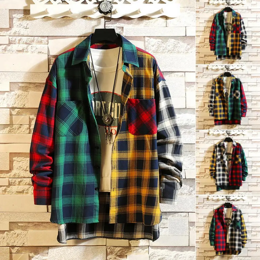 メンズカラフルな長袖チェック柄シャツ、ラペル、シングルブレスト、カラーブロック、ストリートウェア、春