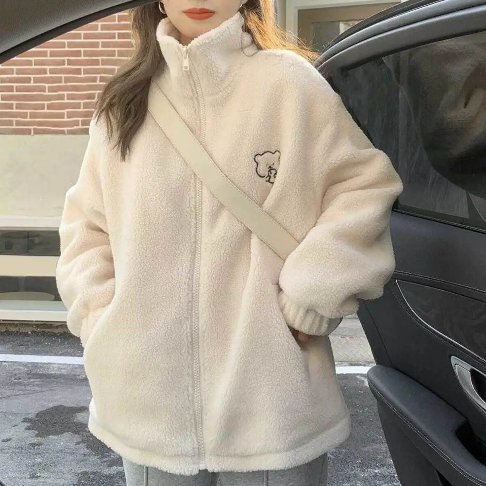 

Women Winter Imitation Lambswool Jacket Stand Collar Long Sleeve Sweatshirt Coat Cartoon Bear Pattern Thickened Plush Outwear