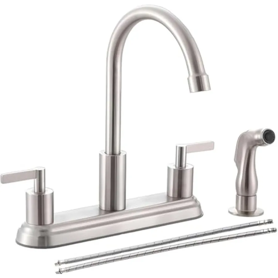 

3 or 4 Hole Kitchen Faucet Brushed Nickel 2 Handle 4 Hole Kitchen Sink Faucet with Side Sprayer Lead-Free 360 Swivel Stainless