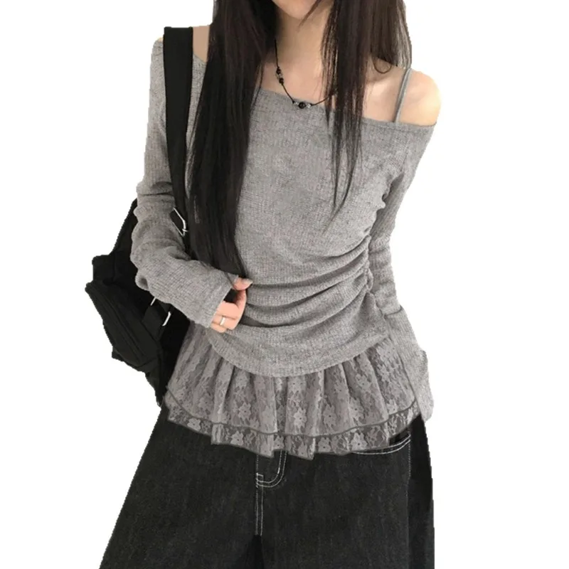 2025, Spice Girl, leicht transparent, schräger Ausschnitt, dünn, schulterfrei, Strickkittel, Sommerurlaub, Zwei-Spitzen-Top mit geraffter Taille