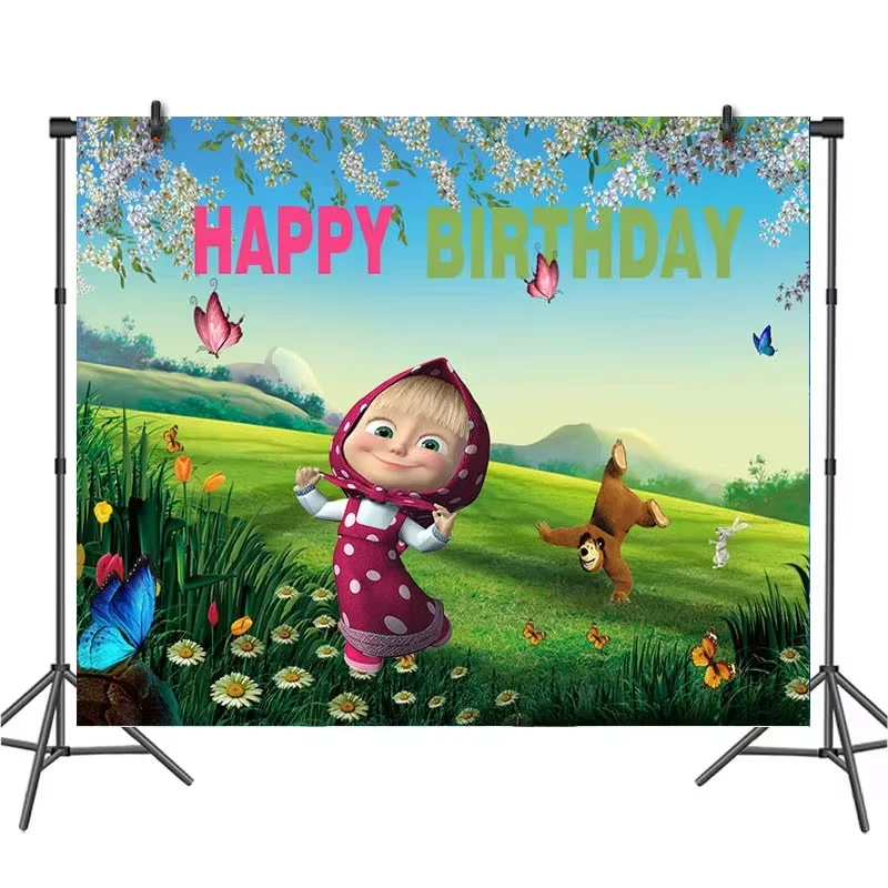 Masha and The Bear Theme Birthday Party Supplies Girls Masha Tableware Set Balloons Plates Cups for Kids Party Baby Shower Decor