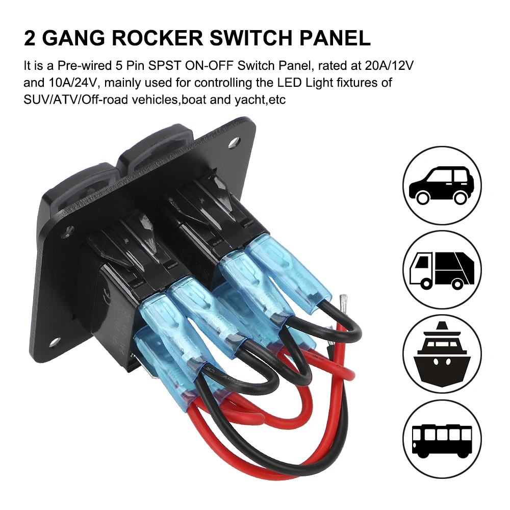 Palanca de encendido/apagado de 5 pines para coche ATV UTV, Panel de interruptor basculante de 2 bandas con luz LED, arnés de cableado, Panel de Control, impermeable