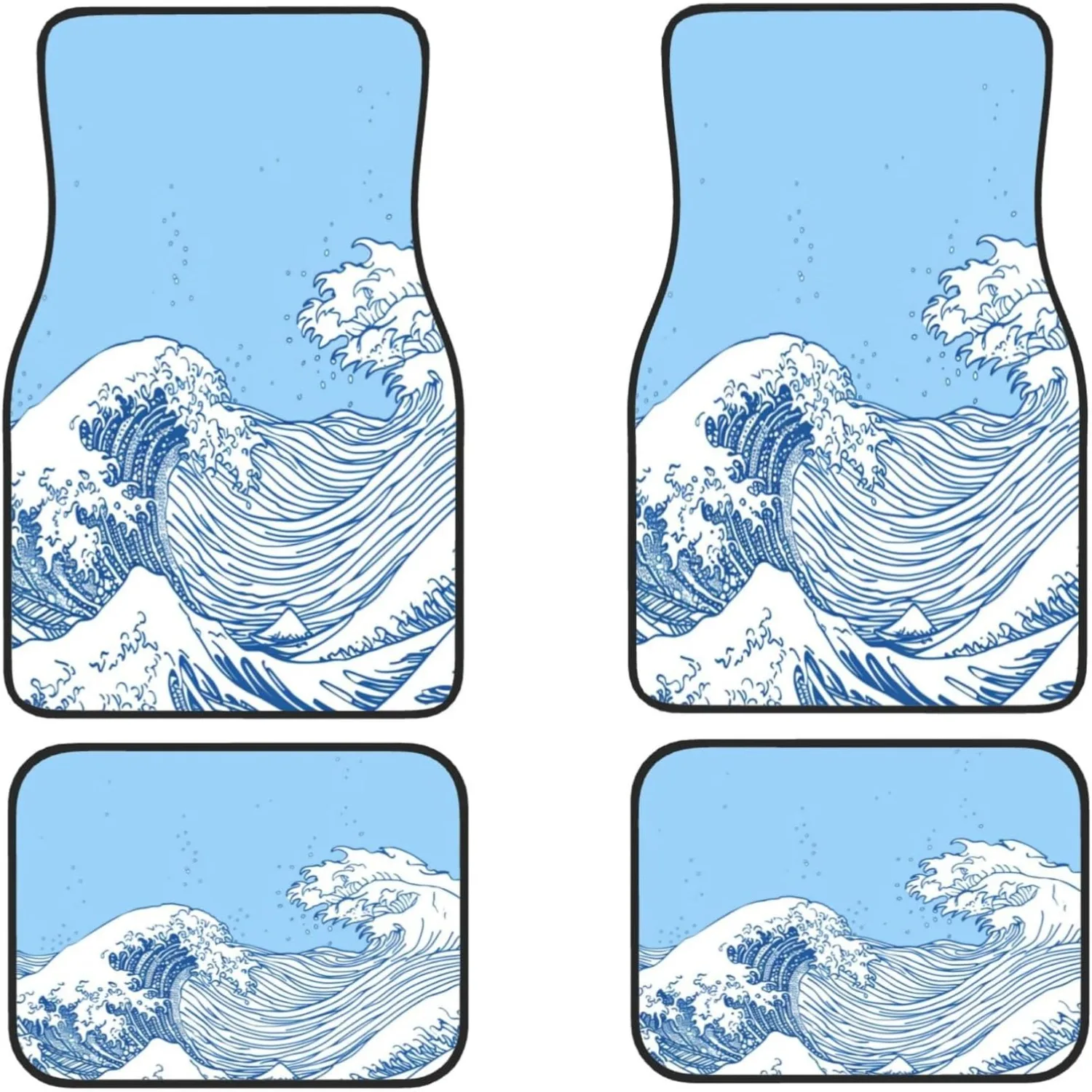 4pcs Japanese Wave Design Car Floor Mats Full Set - Hokusai Great Wave Off Kanagawa Art, Non-Slip Fit For Cars, SUVs, Trucks, Se