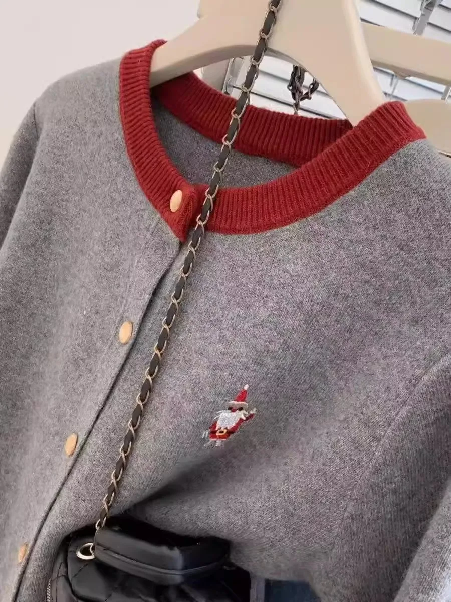 Otoño Invierno Thiened lana Merino cárdigan abierto mujer Patchwork bordado S Claus suéter versátil abrigo oculaire Camere