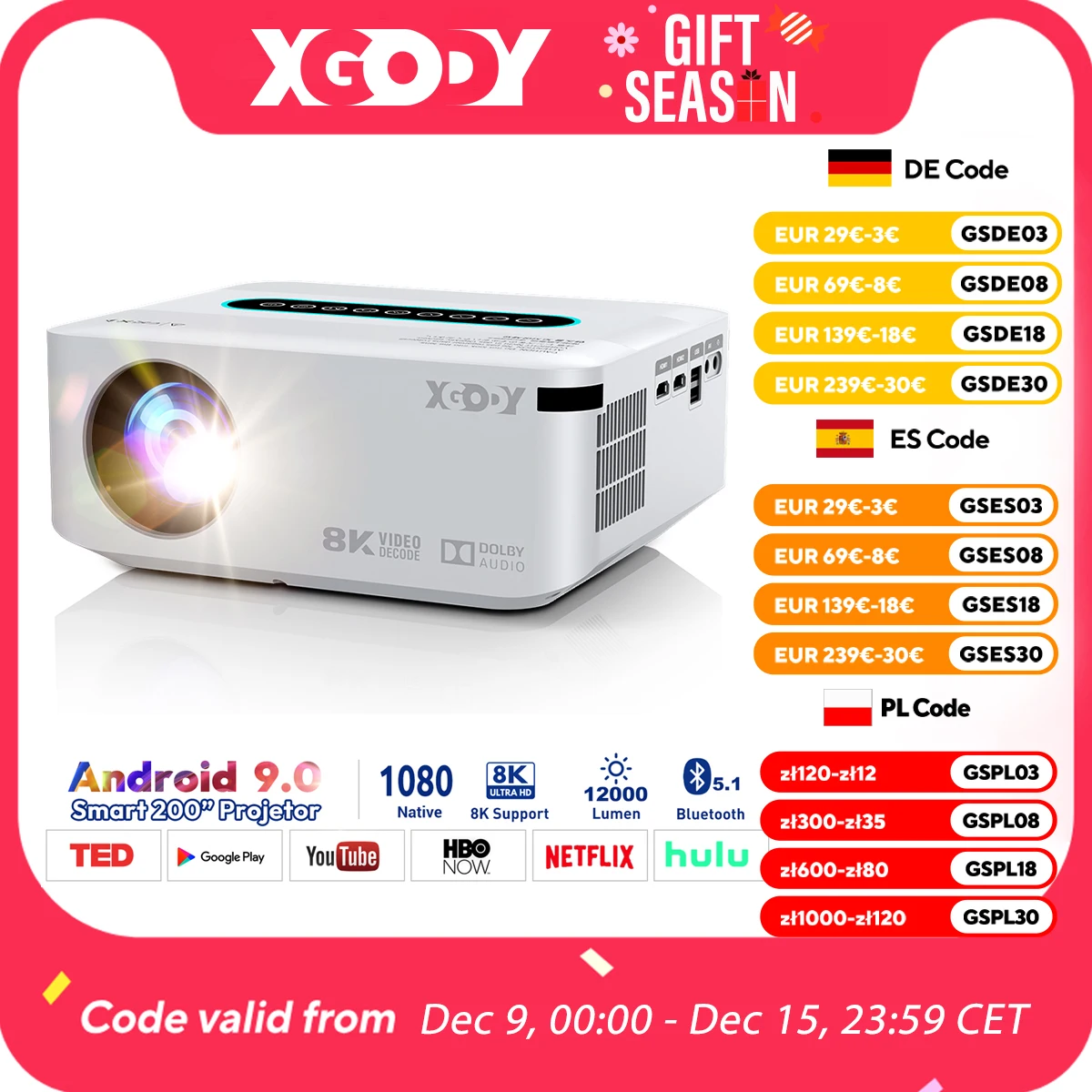 XGODY X1 Full HD 1080P Projektor WiFi LCD LED 8K Video Movie Beam Android Projektor Kino domowe Beamer 2GB 16GB