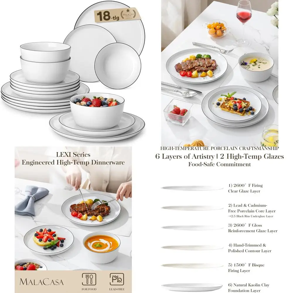 

6-Person Porcelain Dinnerware Set, High-Quality Plates & Bowls with White & Black Rim, LEXI Series, Microwave & Dishwasher Safe