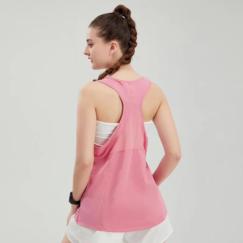 Estate donna tinta unita colore rosa Sport Training canotta Racerback Quick Dry Fit Running Fitness Vest allenamento esercizio abbigliamento sportivo