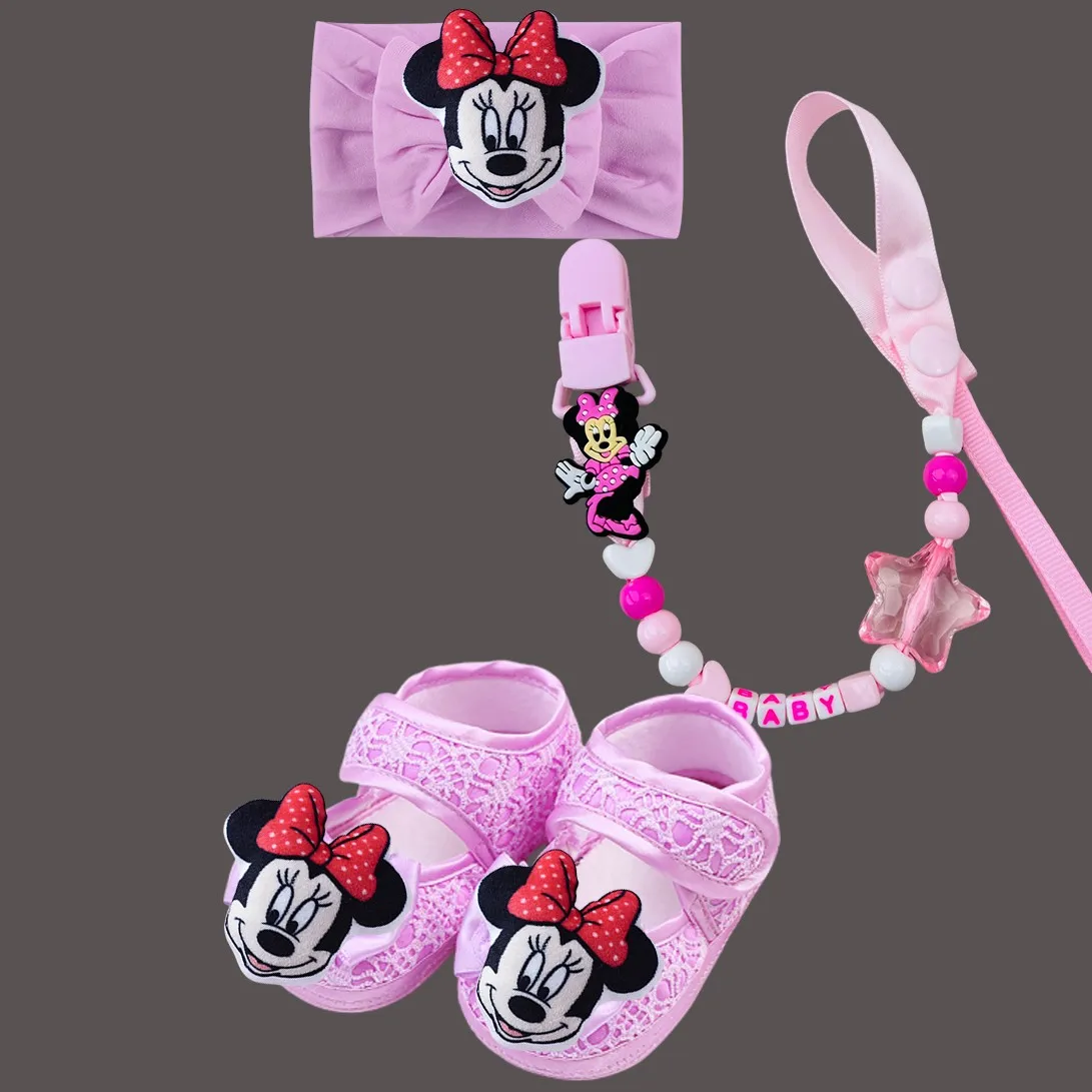 Sepatu Bayi Perempuan Mickey Mouse 3D Plush Head Kawaii, Set Headband dan Rantai Empeng, Sepatu Putri Berkilau untuk Bayi Baru Lahir