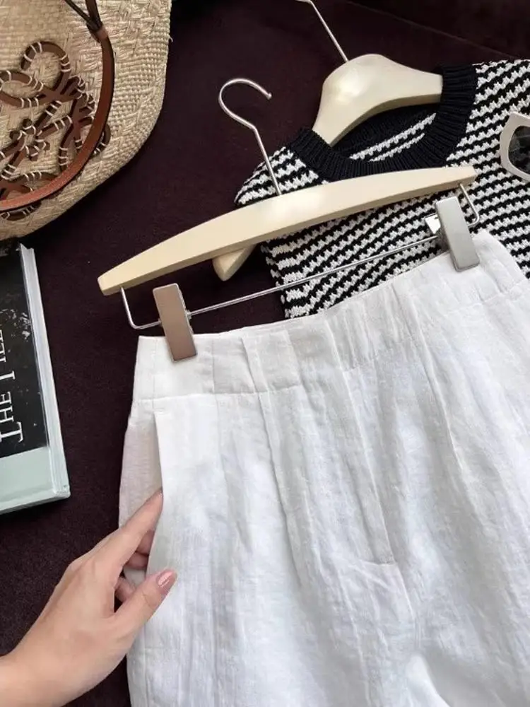 ハイウエストAラインリネンワイドレッグ五分丈パンツ綿麻スーツ風レトロ和風レディースカジュアルサマーパンツ