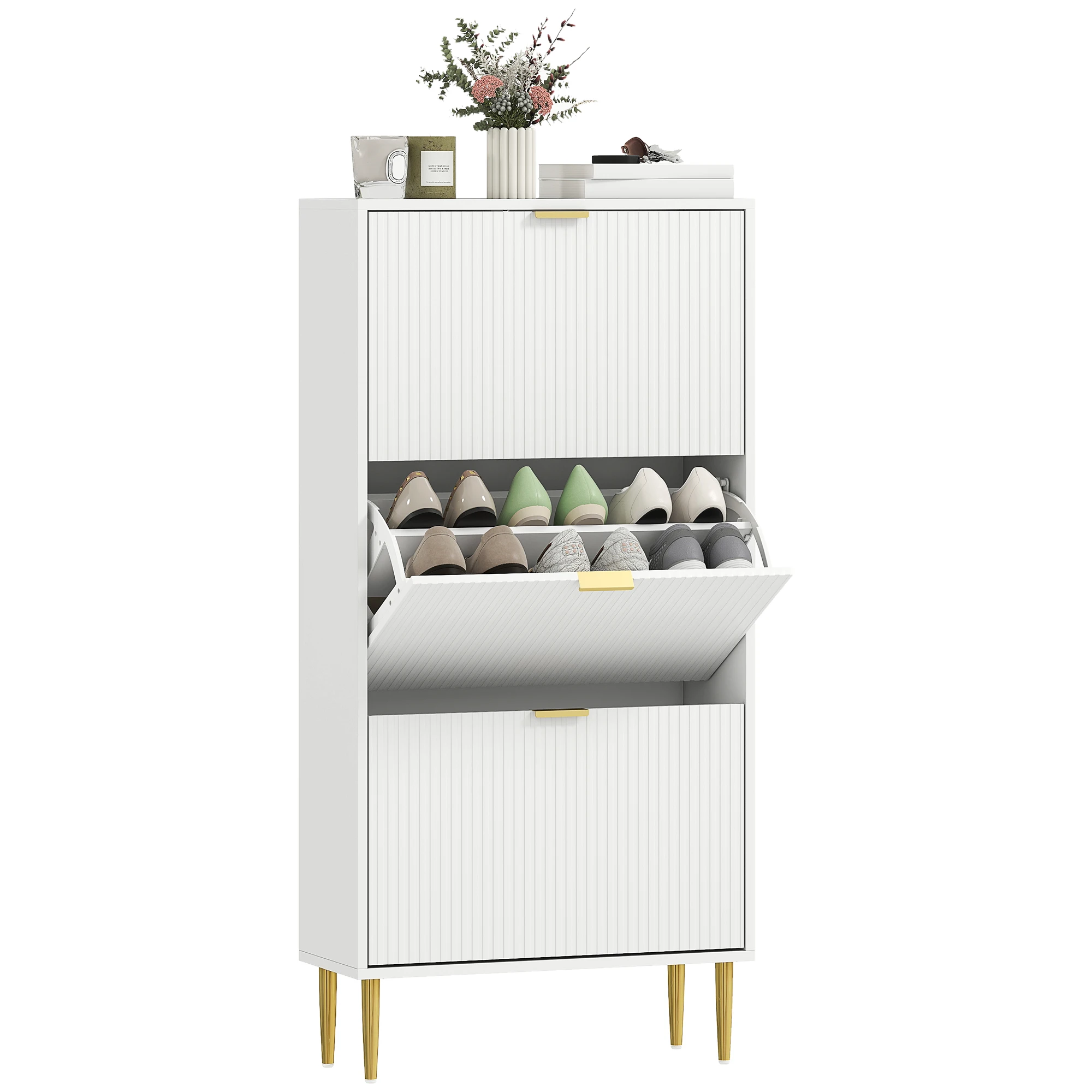 Mueble zapatero HOMCOM para 18 pares de zapatos, moderno y estrecho, con 3 cajones extraíbles, puertas caneladas y estante.