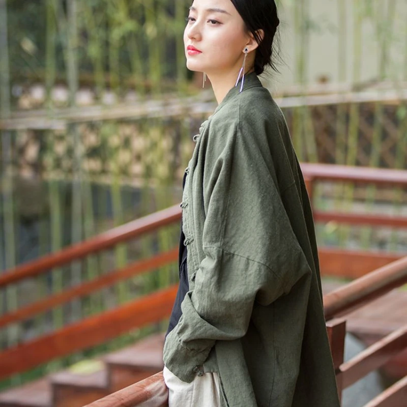 Vintage Shirt Women New Chinese Style Frog Solid Simple Leisure Loose Comfortable Single Breasted O-neck Minimalist Autumn Wear