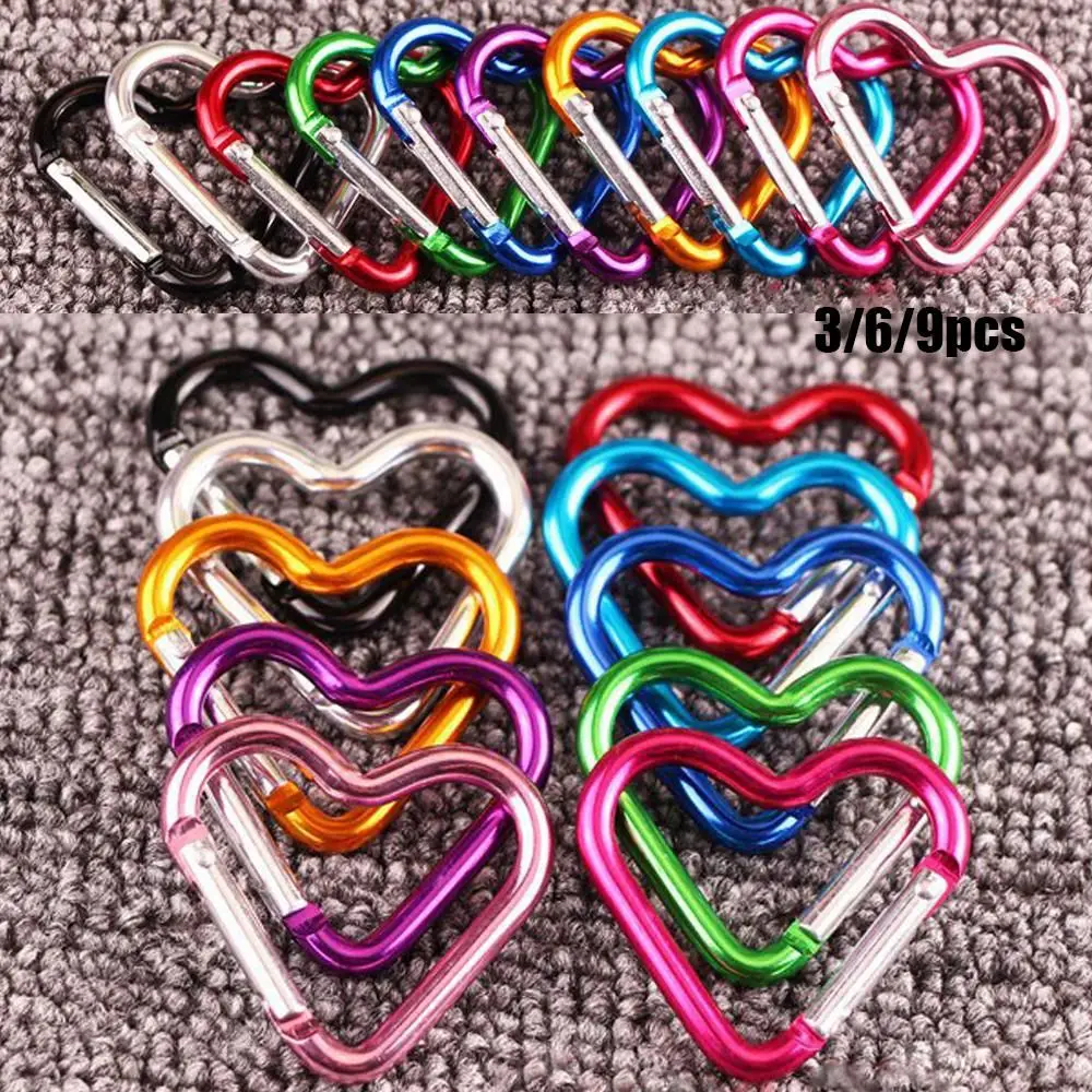 3/6/9pcs 10 Colors Outdoor Camping Tool Water Bottle Hanging Heart-shaped Buckles Keychain Clip Aluminum Carabiner Keyring Hook